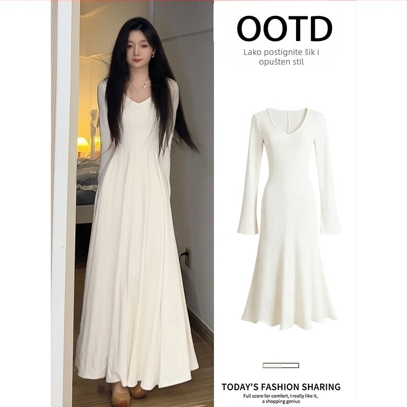 Korejski stil: duga pletena haljina s V izrezom, dugi rukavi, elastičan pojas, uska duga suknja koja prianja uz bokove