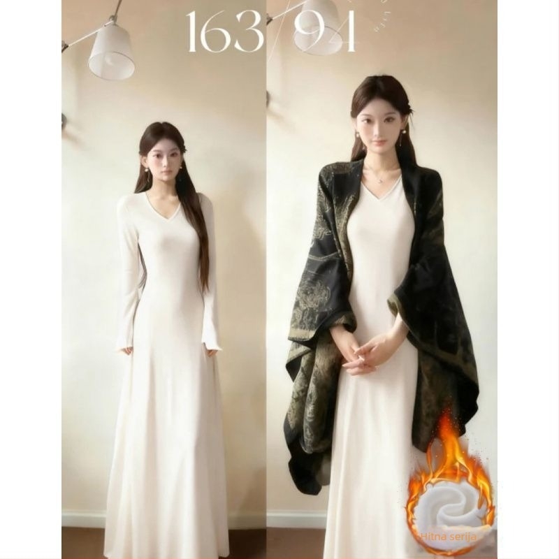 Korejski stil: duga pletena haljina s V izrezom, dugi rukavi, elastičan pojas, uska duga suknja koja prianja uz bokove