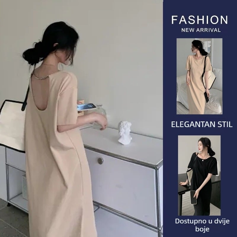 Ženska duga haljina A-stila, bez leđa, kratkih rukava, visok pojas, poliester, jednofarbna