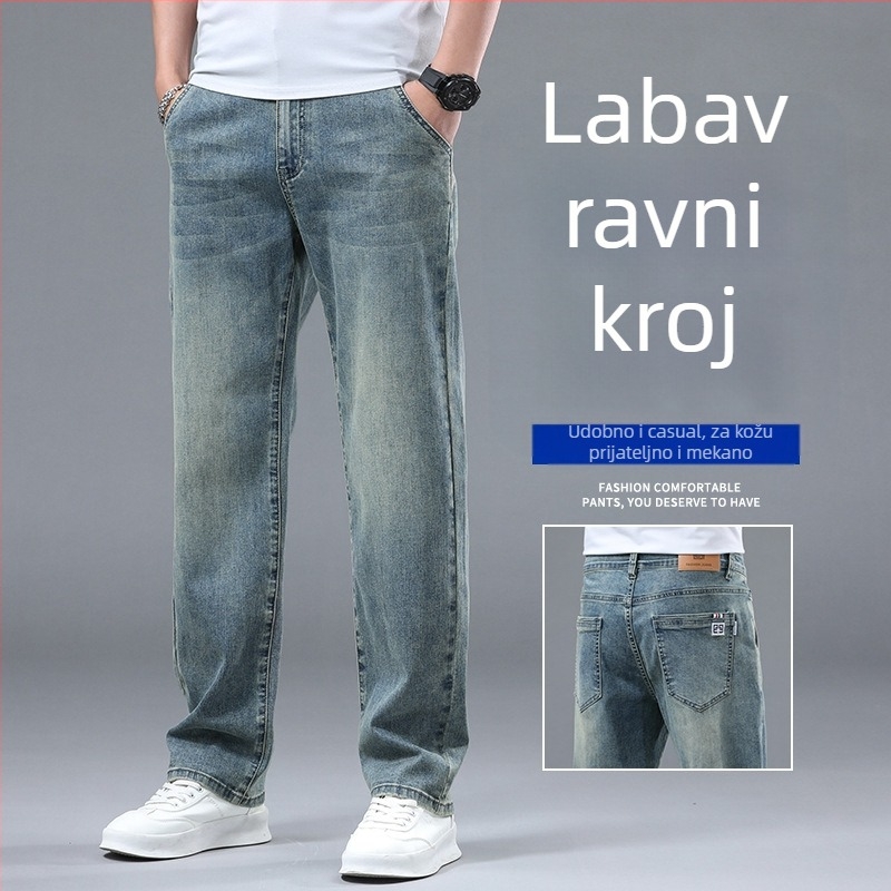 Muške traperice u veličini plus, ležernog ravnog kroja, srednji pojas, mikroelastični denim, proljeće 2025