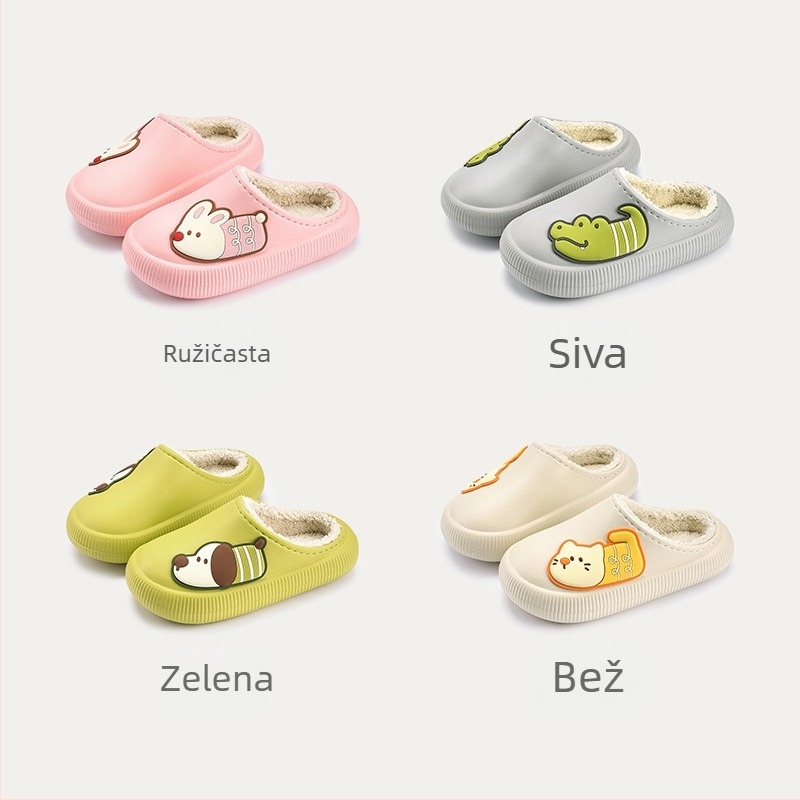 Dječje pamučne papuče — crtani uzorak, EVA gornji dio i EVA potplat, zimska toplina, unisex, uzrast 4-16 godina