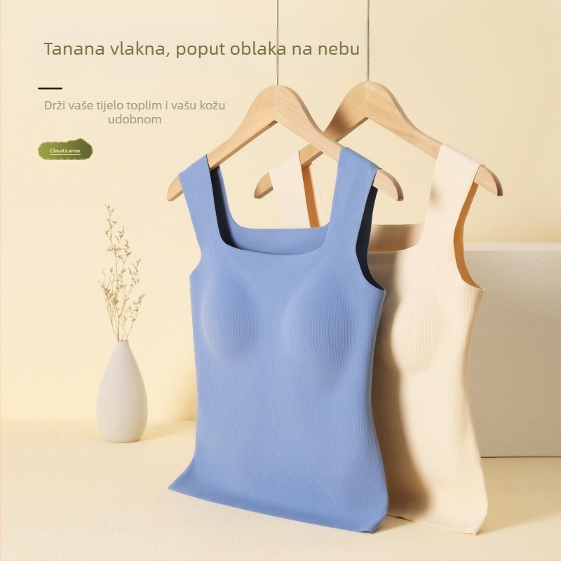 Ženski topli temeljni vest s integriranim košaricama, najlon, bez šavova, četvrtasti izrez