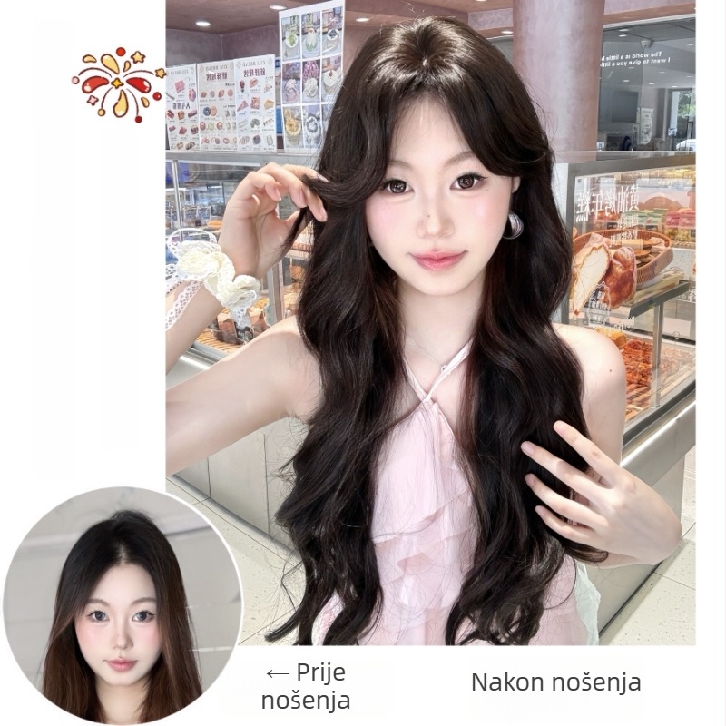 Ženska perika s dugom kovrčavom kosom i ravnom šiškom, mehanička izrada, materijal: domaća svila, model 502