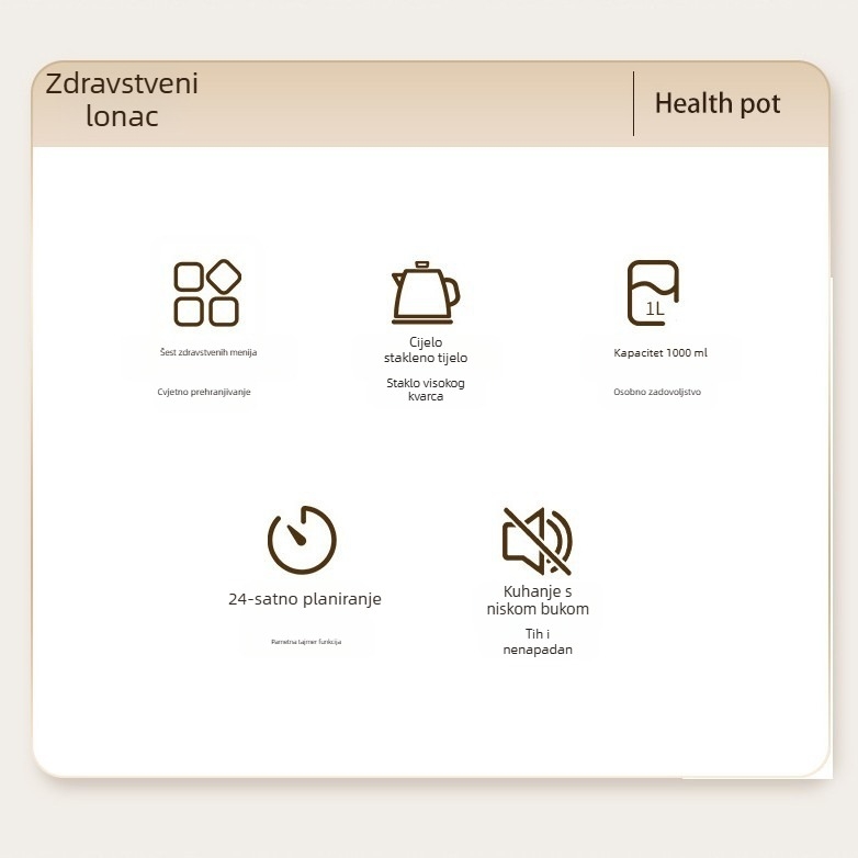 Stakleni zdravstveni čajnik 1L, 220V, 400–500W, Digitalni termostat, Mikroprocesorsko upravljanje