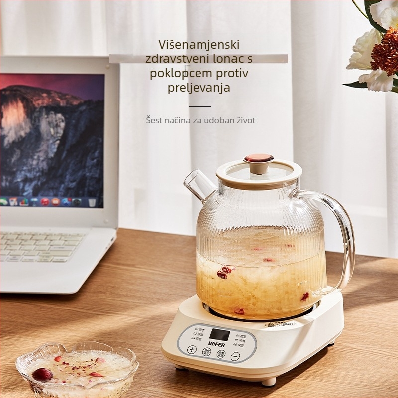 Stakleni zdravstveni čajnik 1L, 220V, 400–500W, Digitalni termostat, Mikroprocesorsko upravljanje
