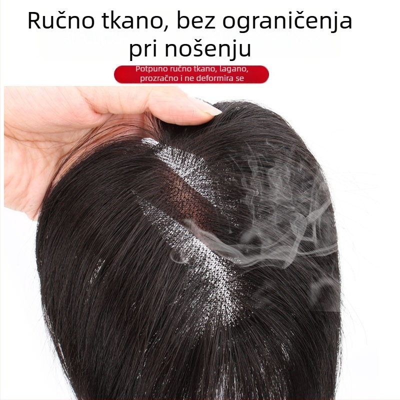 Potpuno ručno tkanu švicarsku mrežastu periku za pokrivanje temena, ravne kose, lagana i prozračna, od pravih ljudskih vlasi, bojanje dopušteno