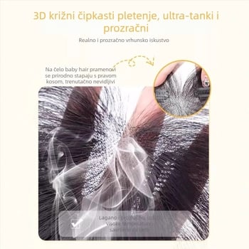 Dio perike od prirodne kose, potpuno ručno tkan, frizura u obliku osmerok za prekrivanje linije kose; nevidljivo, prirodno, lagano i prozračno (Materijal: prirodna kosa; Obrada: ručno tkanje; Frizura: oblik osmerok; Boja: dopuštena)