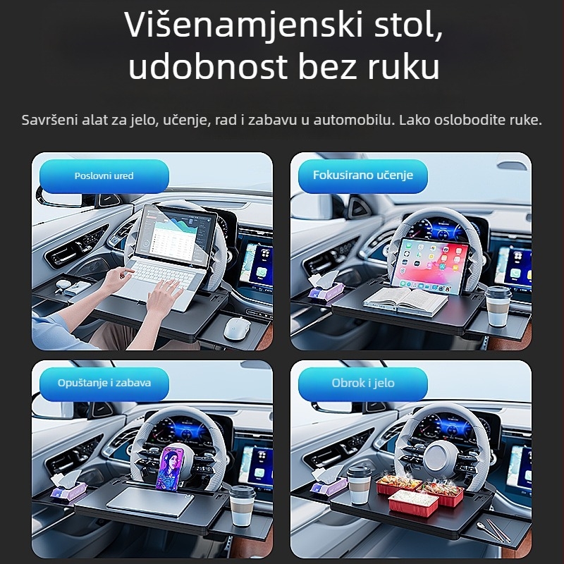 Višenamjenski stol za volan automobila, s držačem za čašu i lebdećim stolom u unutrašnjosti vozila