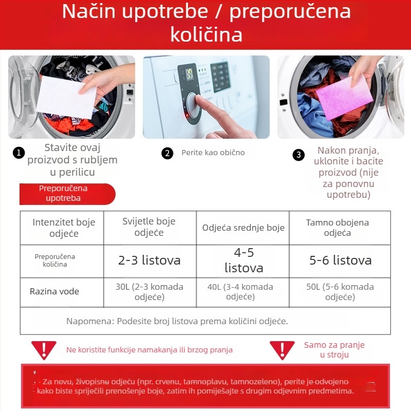 Roukun Listovi za apsorpciju boje za pranje, sprječavanje prodora boje i izblijedivanja; glavni listovi za zaštitu boje za perilicu, kućna upotreba, s mjehurićnom folijom