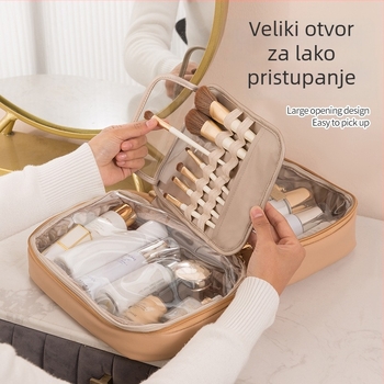 PU kozmetička torbica, velika kapaciteta, prijenosna, s podijeljenim pretincima, vodootporna
