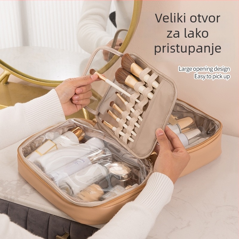 PU kozmetička torbica, velika kapaciteta, prijenosna, s podijeljenim pretincima, vodootporna