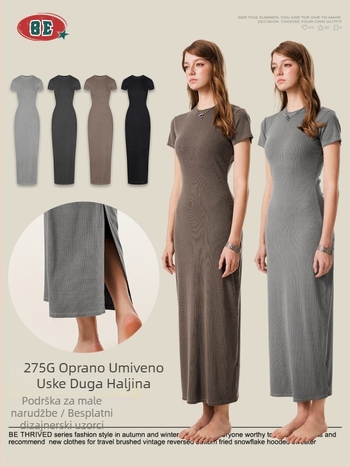 BE THRIVED haljina: usko pristajući bodycon, duga haljina, okrugli izrez, kratki rukavi, pamuk-mješavina tkanina