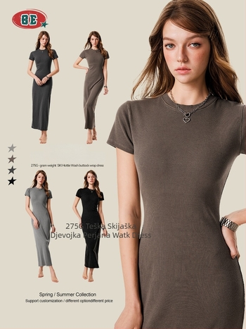BE THRIVED haljina: usko pristajući bodycon, duga haljina, okrugli izrez, kratki rukavi, pamuk-mješavina tkanina