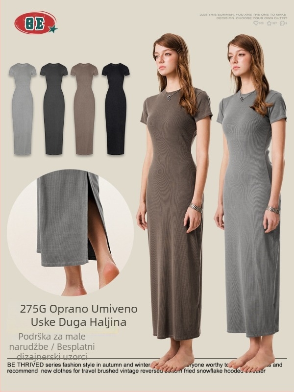 BE THRIVED haljina: usko pristajući bodycon, duga haljina, okrugli izrez, kratki rukavi, pamuk-mješavina tkanina