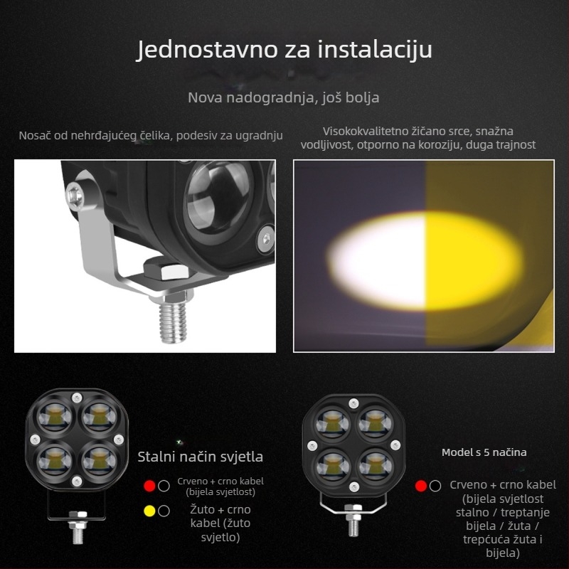 Motociklistički LED reflektor s dizajnom četverolistne djeteline – aluminijsko kućište, 12V, vodootporno, vijek trajanja 20000 h