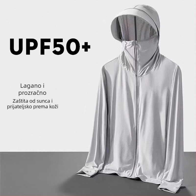 Muška ljetna prozračna jakna s UV zaštitom UPF 90, poliester, dugi kroj, kapuljača koja se može skinuti