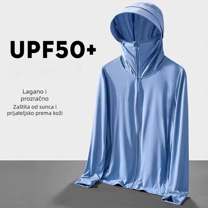 Muška ljetna prozračna jakna s UV zaštitom UPF 90, poliester, dugi kroj, kapuljača koja se može skinuti