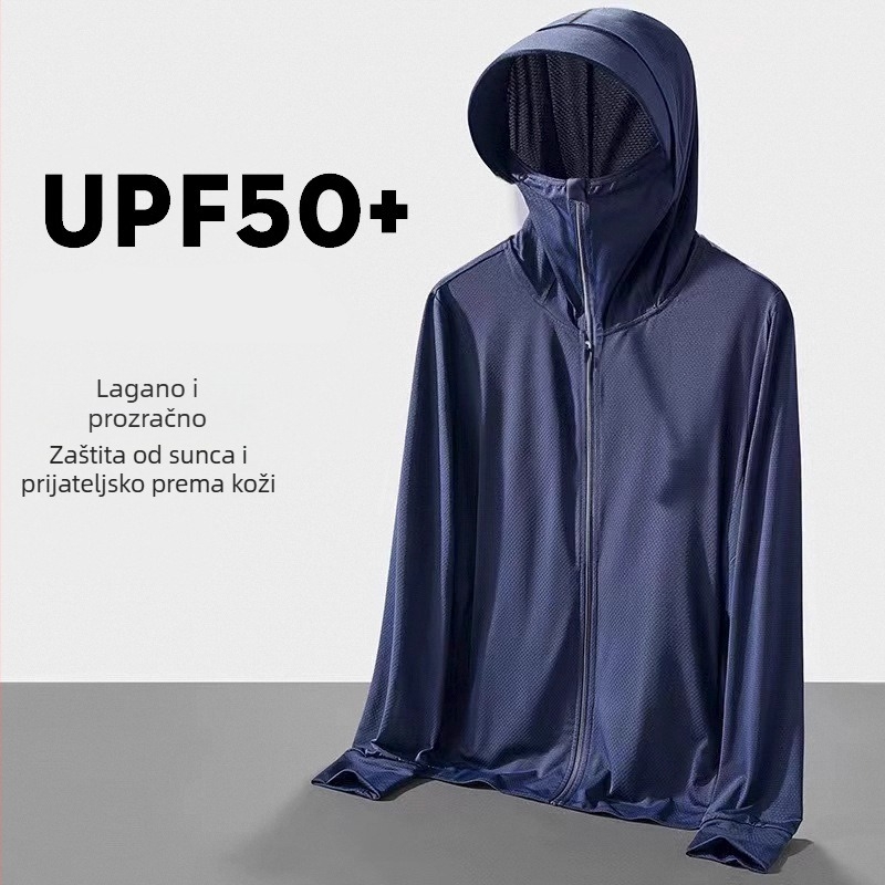Muška ljetna prozračna jakna s UV zaštitom UPF 90, poliester, dugi kroj, kapuljača koja se može skinuti