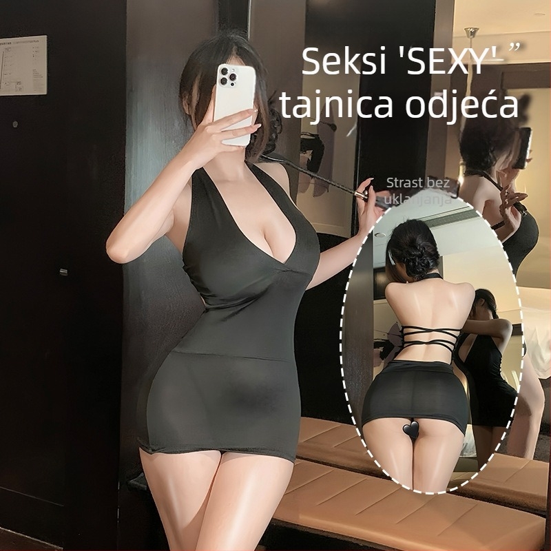 Kratka suknja donjeg rublja s dubokim V-dekolteom i niskim izrezom; inspirirana uniformom; poliester tkanina, 90–95% poliester