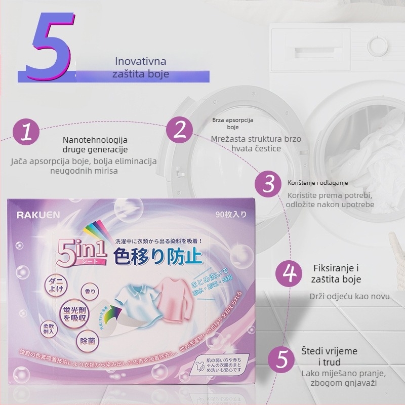 Japanski stil listova za apsorpciju boje za pranje - 5 u 1, protiv mrlja, protiv prijenosa boje, dugotrajni miris (90 listova)