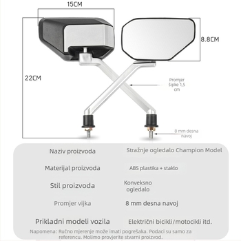Zadnje ogledalo za električne motocikle, ABS plast + staklo, Mogelon