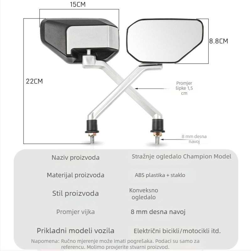 Zadnje ogledalo za električne motocikle, ABS plast + staklo, Mogelon