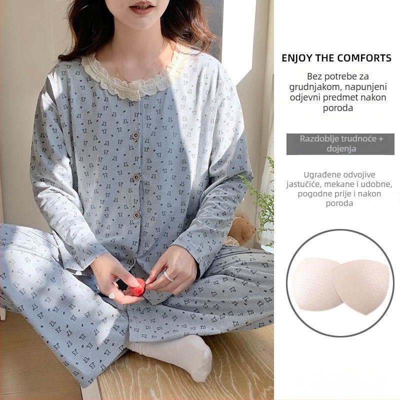 Set majčinskih pidžama za dojenje, dugi rukav, okrugli izrez, opušten stil, 95% poliester + 5% spandex