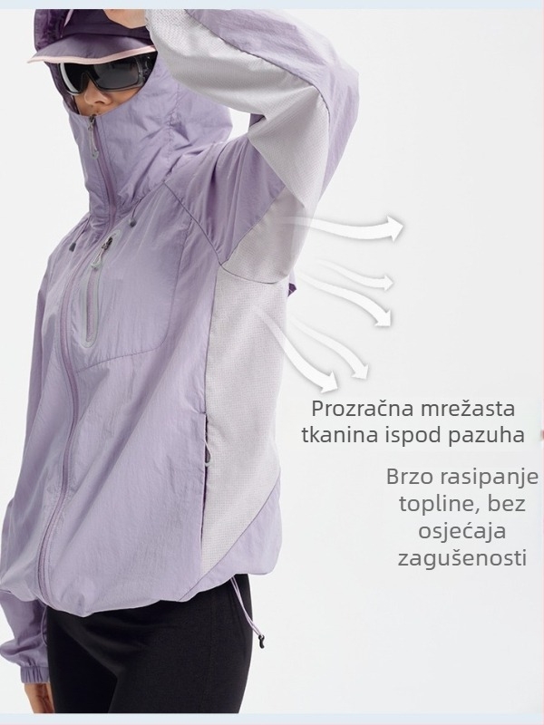Vanjska windbreaker jakna s kapuljačom, prozračna, brzo se suši, UV zaštita UPF100+, najlonska tkanina