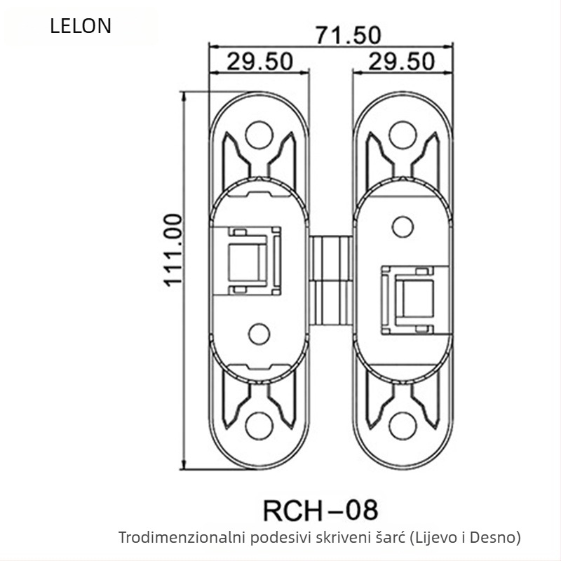 Trodimenzionalna prilagodljiva nevidljiva šarka od cinkovog legura – 180°, lijevo-desno, skrivena vrata, model RCH-08, tip H, 60 kg po paru