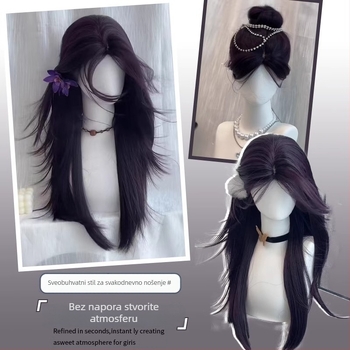 Duga ravna perika s dijagonalnim šiškama, prirodni stil, termički otporna vlakna, za žene