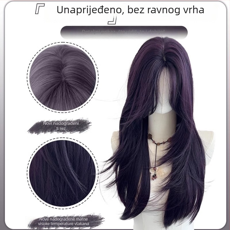 Duga ravna perika s dijagonalnim šiškama, prirodni stil, termički otporna vlakna, za žene