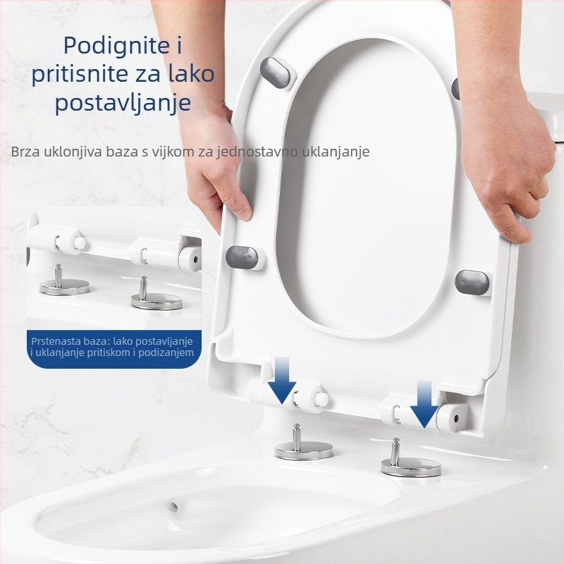 Poklopac za WC, debeli, otporan na lomljenje, meko zatvaranje, oblik U- ili V-oblika, PP materijal, prilagodljiva udaljenost rupa 13–17 mm.