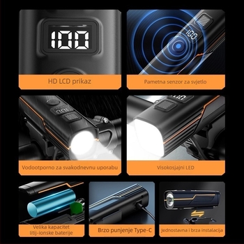 Set svjetala za bicikl: prednje svjetlo visoke snage za noćnu vožnju, stražnje svjetlo, USB-C, 1200mAh, brzo oslobađanje, model F998M6TH968S9M