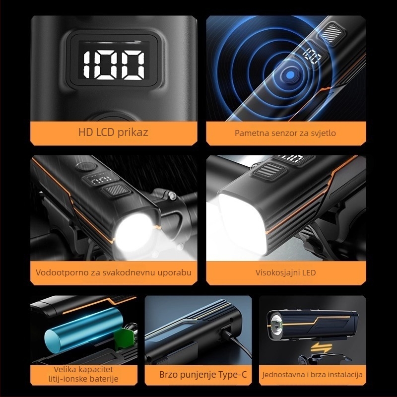 Set svjetala za bicikl: prednje svjetlo visoke snage za noćnu vožnju, stražnje svjetlo, USB-C, 1200mAh, brzo oslobađanje, model F998M6TH968S9M