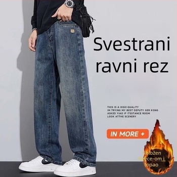 Muške traperice s flis podstavom, američki stil širokih nogavica, ravni kroj, srednji pojas, zatvarač na zip