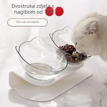Miska za mačke za hranjenje s nagibnim otvorom i zaštitom vrata, dvostruka prozirna zdjela, plastična