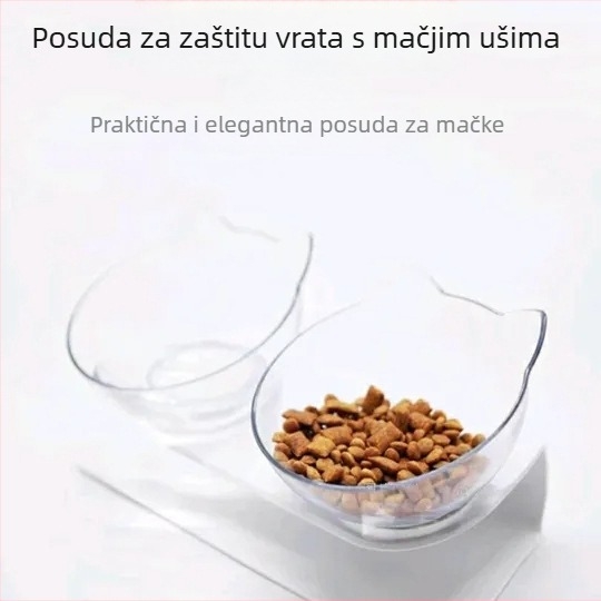 Miska za mačke za hranjenje s nagibnim otvorom i zaštitom vrata, dvostruka prozirna zdjela, plastična