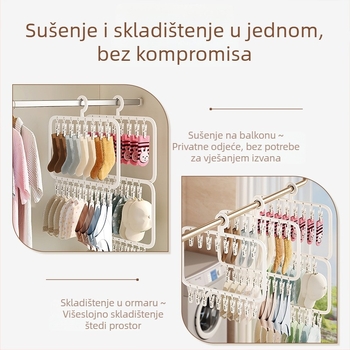 Stalak za sušenje čarapa s više klipsa – plastična vješalica, otporan na vjetar, za kućnu i balkonsku upotrebu.