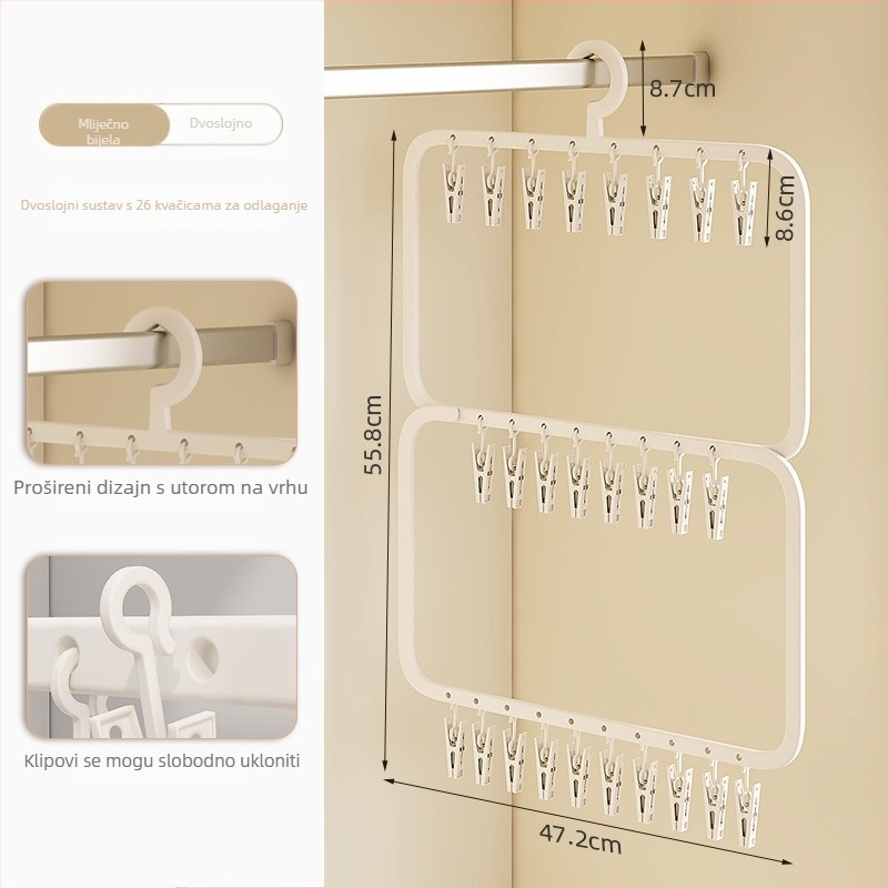 Stalak za sušenje čarapa s više klipsa – plastična vješalica, otporan na vjetar, za kućnu i balkonsku upotrebu.