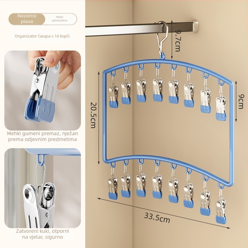 Stalak za sušenje čarapa s više klipsa – plastična vješalica, otporan na vjetar, za kućnu i balkonsku upotrebu.