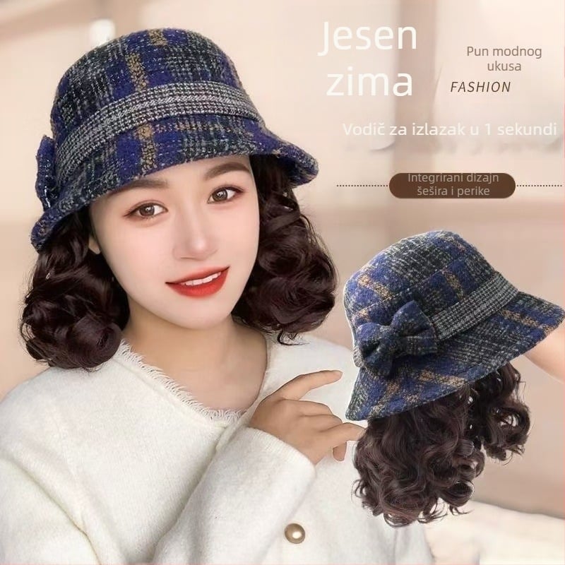 Kapa s integriranom perikom za žene, Fisherman stil, prirodan izgled, kosa od visoko temperaturne svile, pokriva sijedu kosu