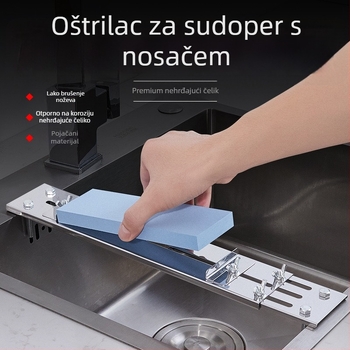 Dvostrani oštrač kamen s držačem za sudoperu — korund za kuhinjske nože i škare
