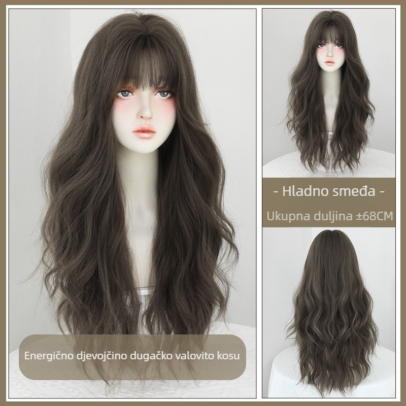Dugi valoviti perika s potpunom pokrivenošću glave, pull-on stil, prirodni izgled, vlakna otporna na toplinu, model C-0335, korejski stil, zadržavanje oblika bez boje