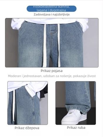 Muške traperice ravnih nogavica, isprane, srednji struk, zatvarač s vezivanjem uzicom, denim, pamuk