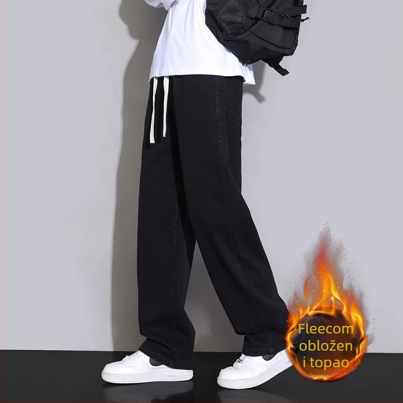 Muške traperice ravnih nogavica, isprane, srednji struk, zatvarač s vezivanjem uzicom, denim, pamuk