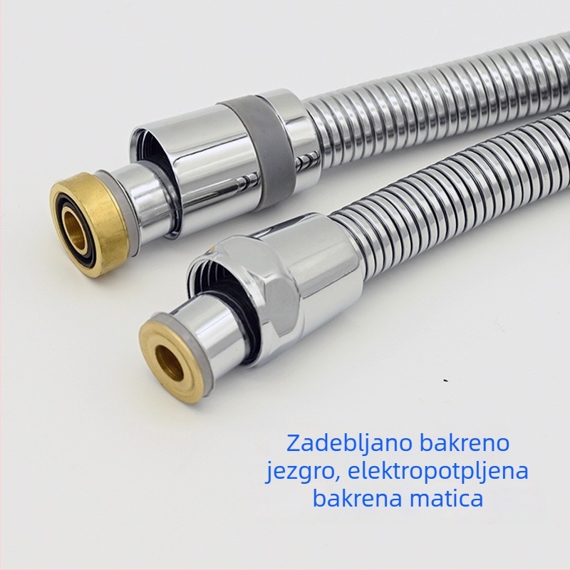 Tuš cijev s bakrenim matičnim i vanjskom čeličnom vanjskom cijevi, gumeni unutarnji cjevovod — sprječavanje zapetljavanja, univerzalni okretni spoj, model RG002, 3.0 MPa, 1–90°C, navojni priključak