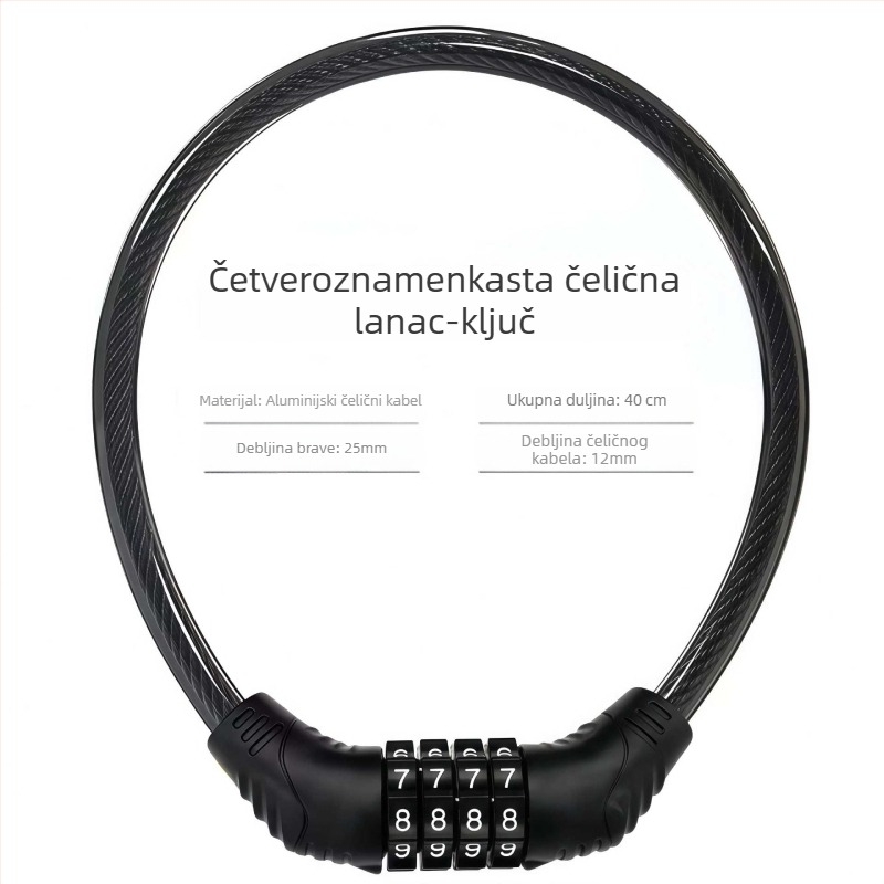 Brava za bicikl s lozinkom protiv krađe, kabel PVC+cinkova zlitina+čelik, 100 g, za bicikl/motocikl/e-bike, moderan minimalistički stil