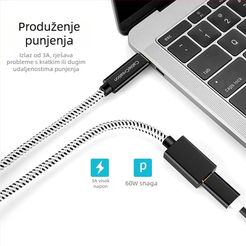 Type-C produžni kabel, muški na ženski, 10Gbps prijenos podataka, 60W brzo punjenje, kućište od aluminijske legure