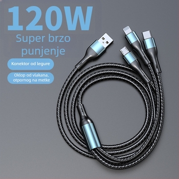 Pleteni kabel 3-u-1 za brzo punjenje: Lightning, Micro USB i USB-C, maksimalno 120W