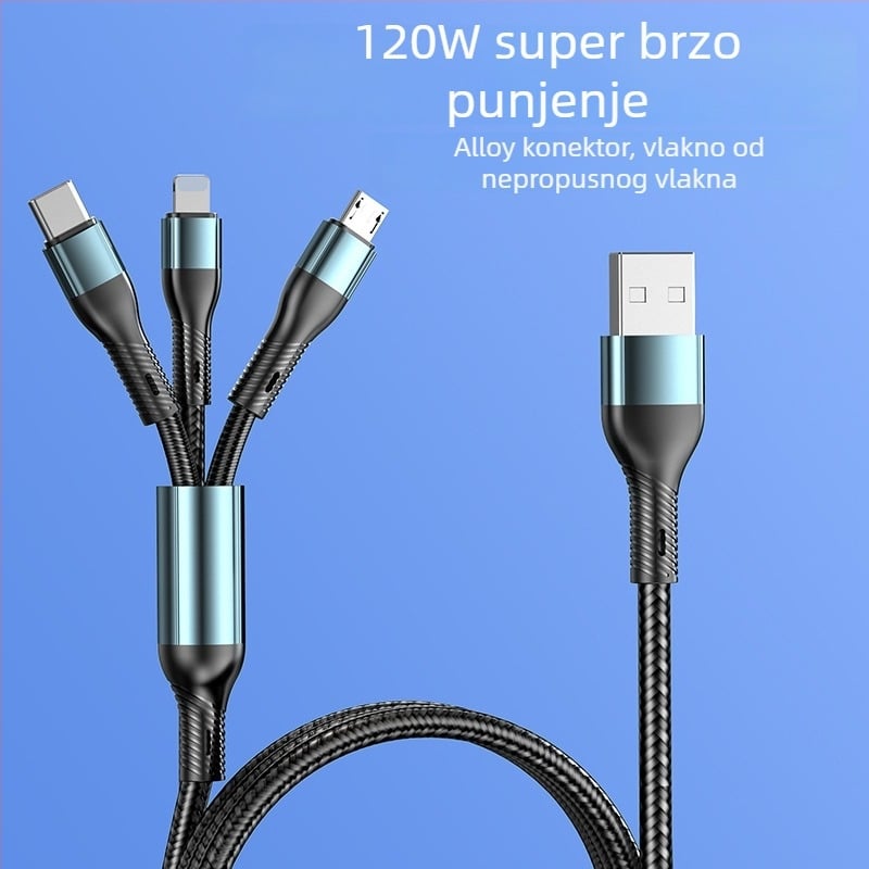 Pleteni kabel 3-u-1 za brzo punjenje: Lightning, Micro USB i USB-C, maksimalno 120W